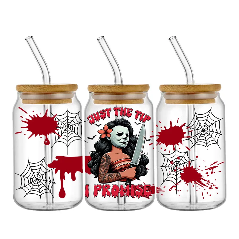 Halloween Horror princesa 16OZ UV DTF taza envolturas pegatina de transferencia para vidrio Libbey lata botella autoadhesiva lavable DIY personalizado