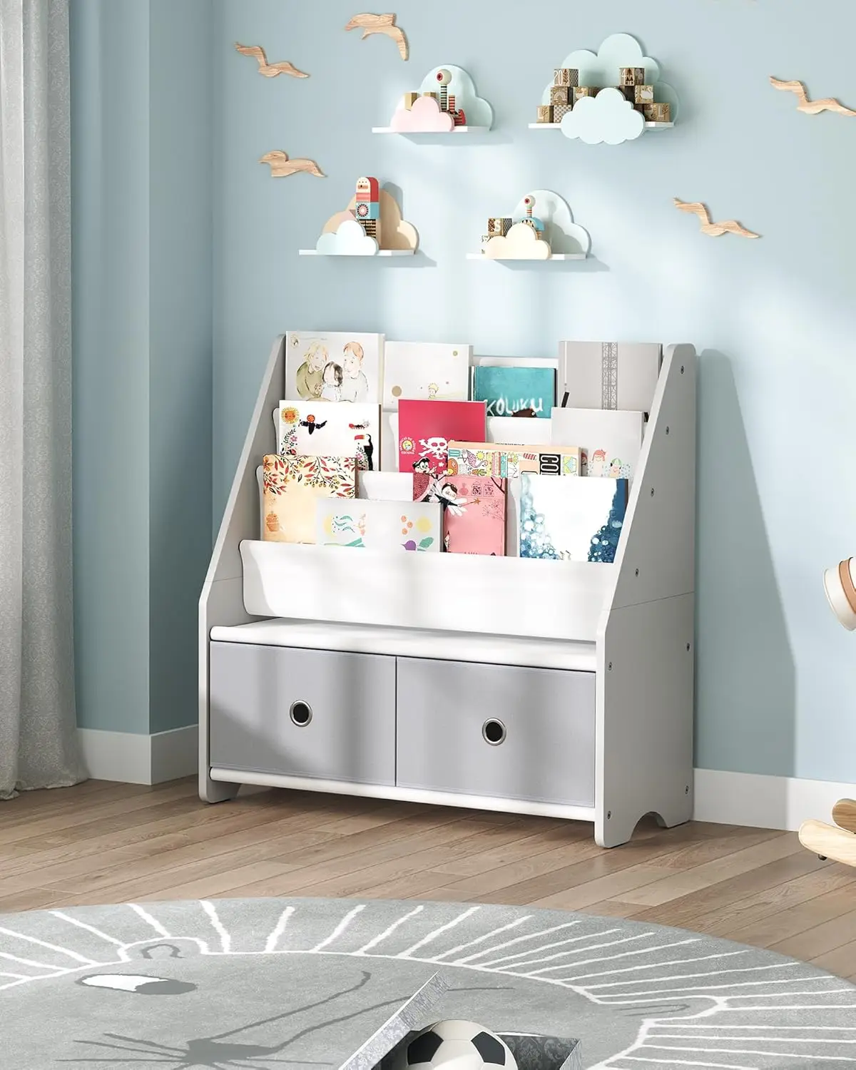 4-Tier Kids Bookcase with Toy Storage, Large Capacity Sling Organizer for Nursery Playroom