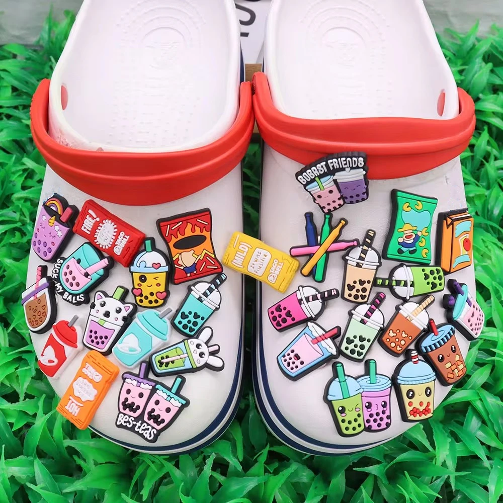 New Arrival 1Pcs PVC Milk Tea Drinks Shoes Charms Accessories Chips Designer Decoration Fit Kids Birthday Gift