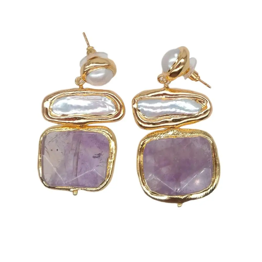 YYGEM 22x26mm Amethyst Faceted Square Freshwater White Biwa Pearl  Stud Earrings