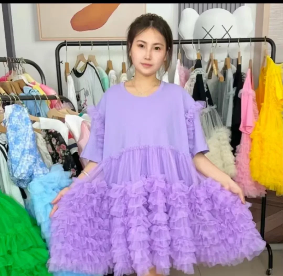 ผู้หญิงตาข่าย Spliced Ruffles ยาวเสื้อยืดกระโปรงปุยหลวมจีบ Tees ชุดแขนสั้นเส้นด้ายสุทธิ Ruched Tops Vestidos