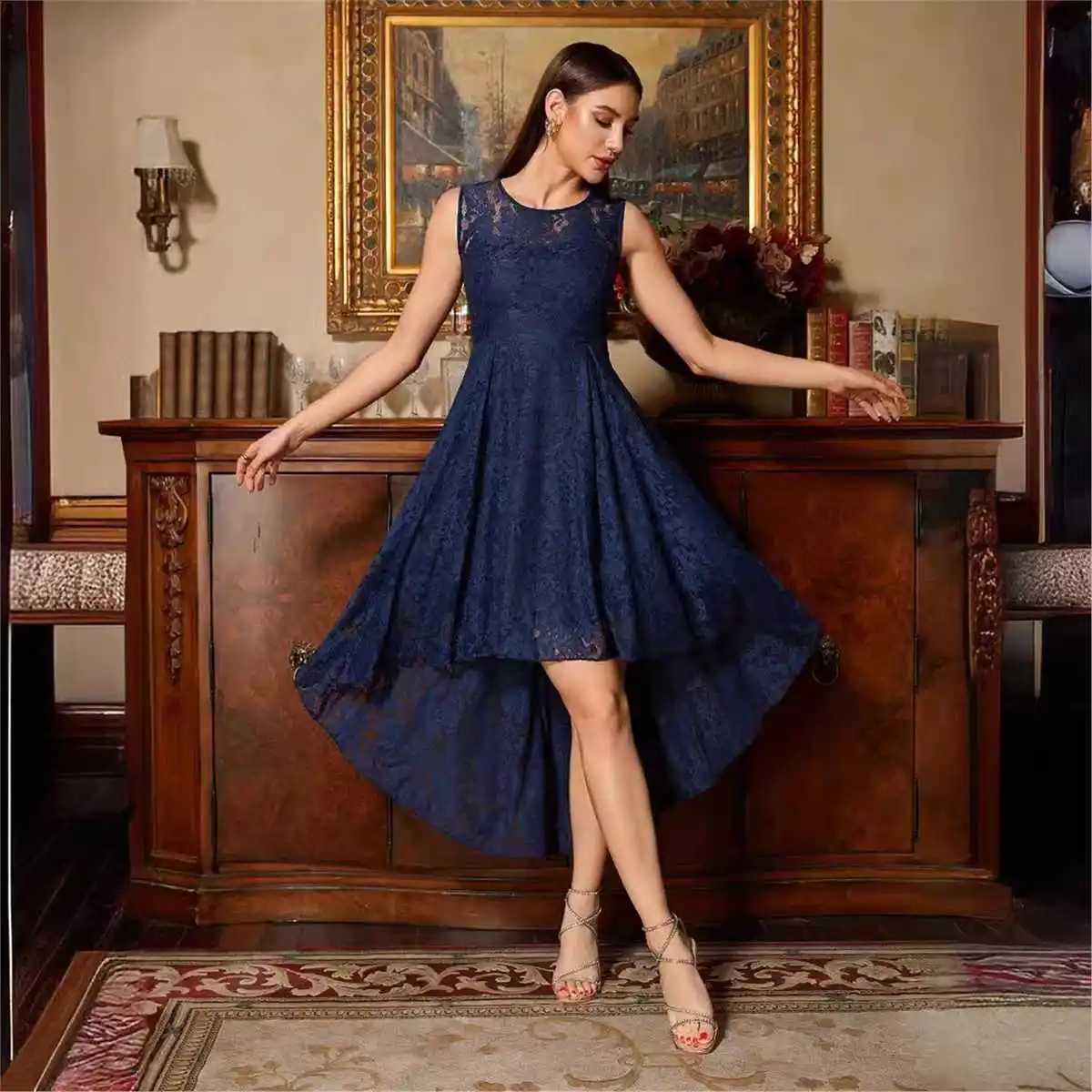 

Синий кружевной слиток, круглый Ne Materni Dr, оригинальный дизайн, прямой зарез, хлопковый шелковый женский летний...