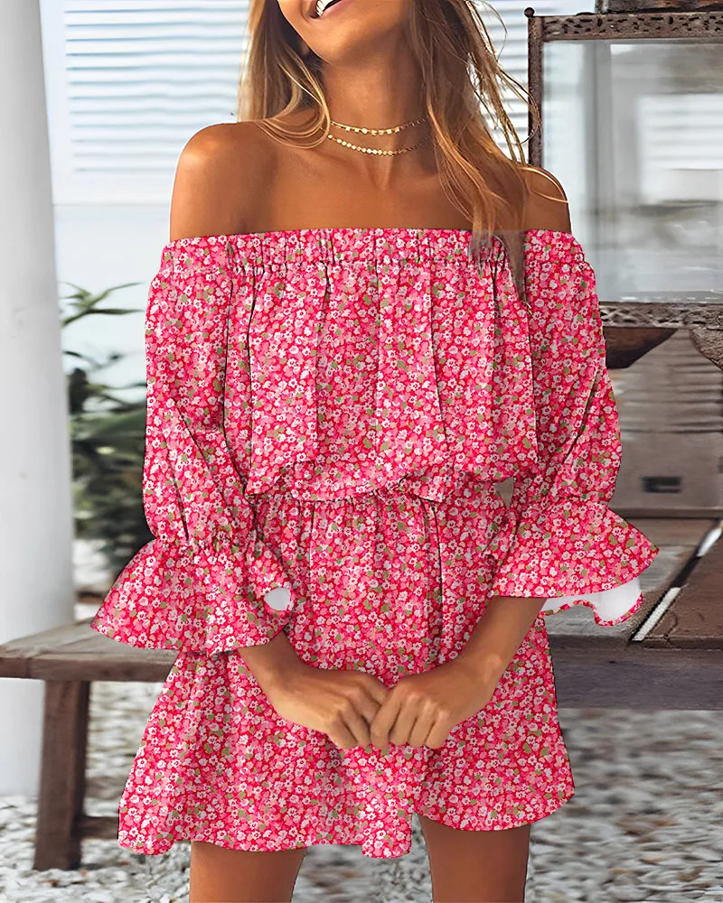 Vrouwen Sexy Mini Jurk Zomer Off Shoulder Bloemenjurken Vrouwen 2023 Boho Casual Bell Mouw Vestidos Vrouwelijke Vakantie Kleding