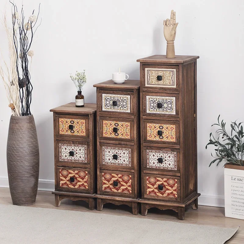 Narrow Retro Solid Wood Storage Cabinet- Multi-Layer Drawer for Living Room