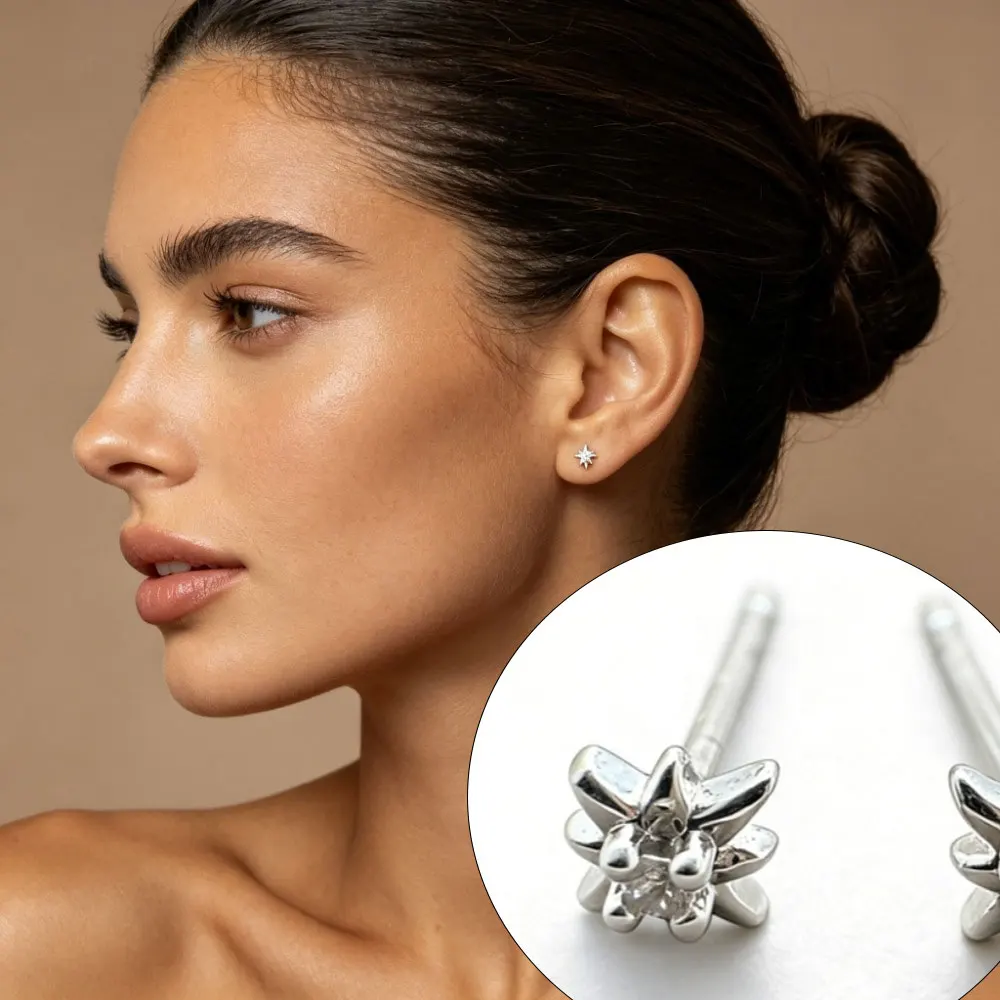 Octagonal Star-shaped Earrings Round Transparent Zirconia Earrings Simple and Three-dimensional Star Desig Women Earrings