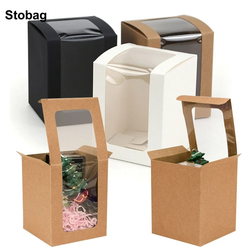 

StoBag 25pcs Kraft Paper Gift Box with Window Clear Small Cake Packaging for Candy Cookies Storage Baking Birthday Party Favor