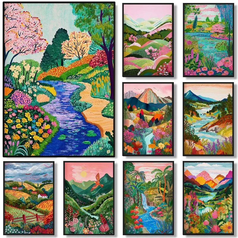 Abstract Colourful Tropical Landscape Poster Mountain River Plant Tree Beautiful Scenery Canvas Painting Wall Art Room Home Deco