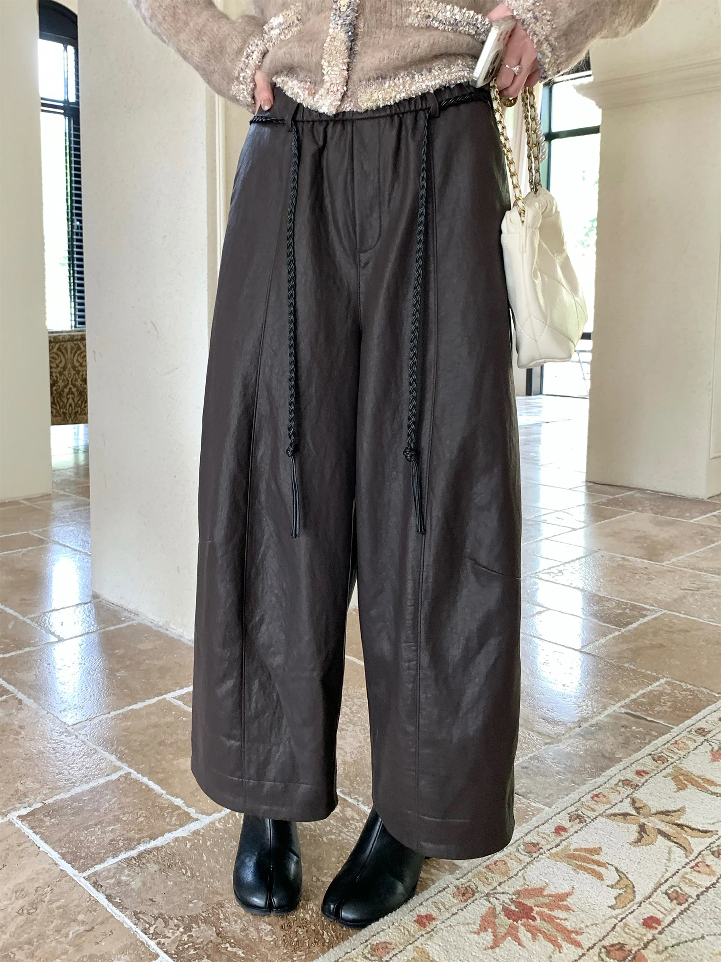 

INON Loose Autumn Long Pants High Waist Wide Leg Protein Leather Elastic Waist PU Leather Women's Pants Commute Sle