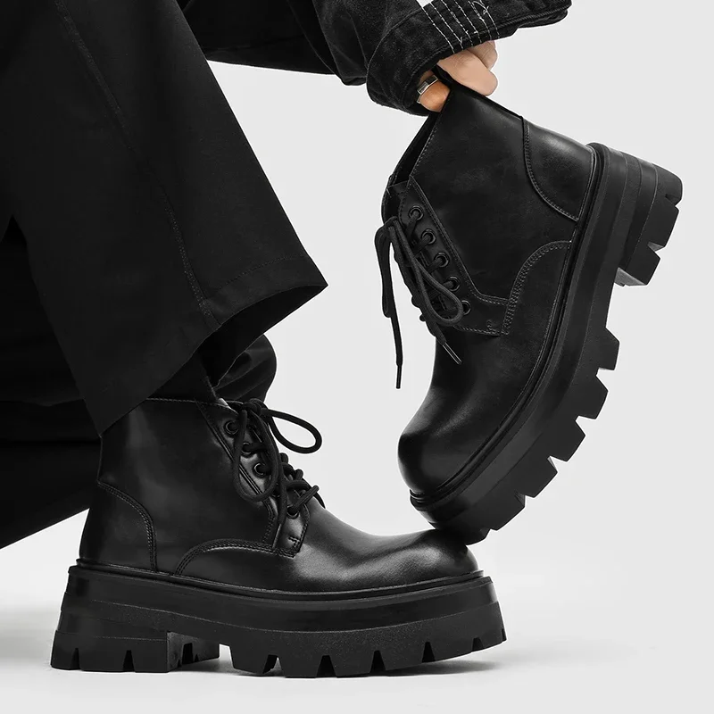 

High Quality Casual Leather Thick Bottom Boot Fashion Outdoor Lace Up Non-Slip Ankle Boot British Style Men High Top Ankle Boot