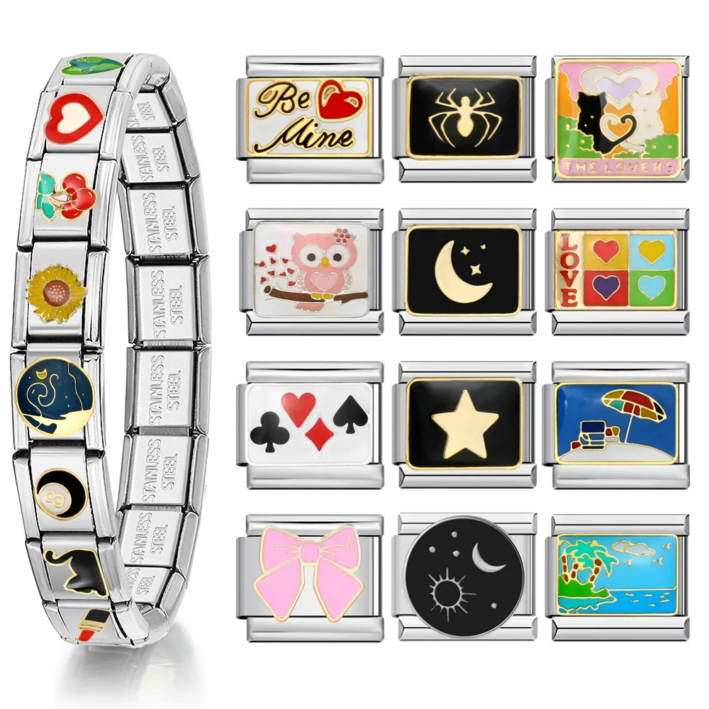 1 Stück Charm italienische elastische Glieder passen 9 mm Edelstahl Armband Design Sternenhimmel Sterne Mond Meer Katze DIY Herstellung von Schmuck – Detail 1