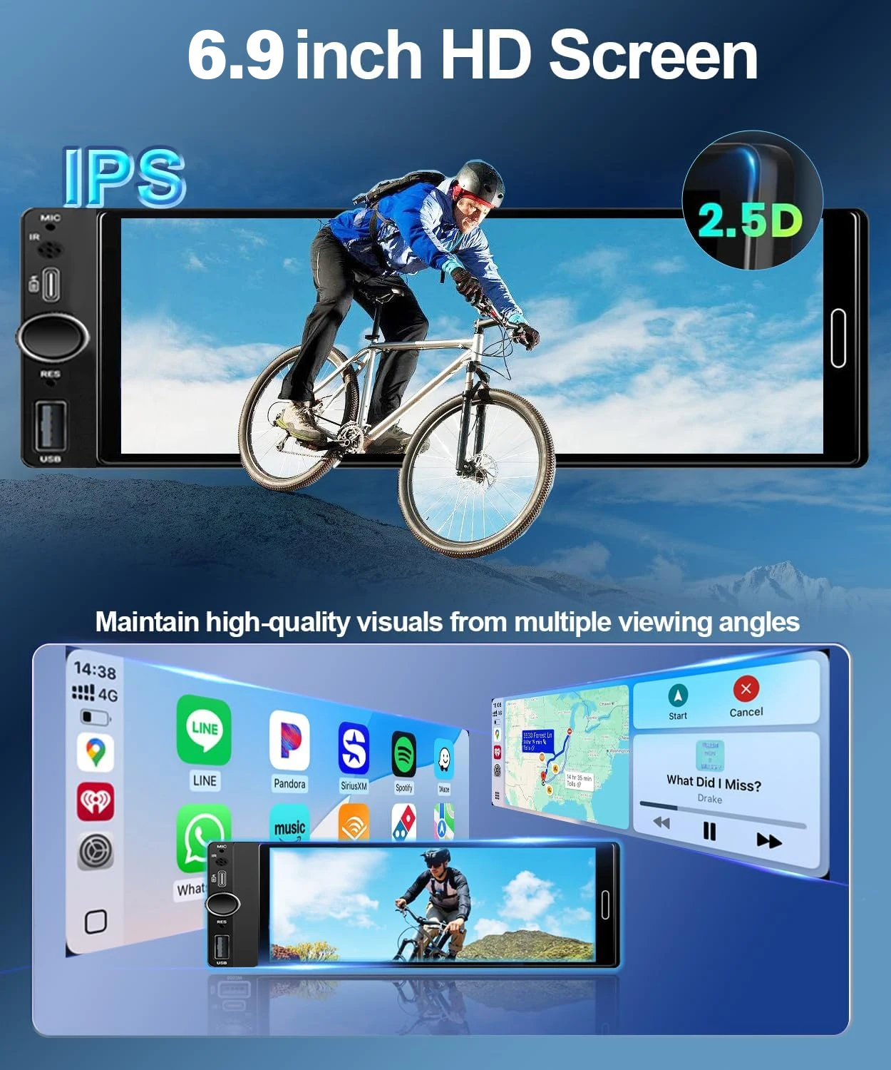 XIMA IPS HD 6.9 Inch Car Radio Wireless Carplay Android Auto 1Din Multimedia Playe Mirrorlink AUX Bluetooth USB Type-C Charging view 4