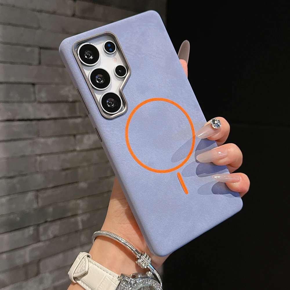 

Роскошный прочный магнитный чехол для телефона из искусственной кожи для Samsung Galaxy S24 S25 Ultra Plus с металлической рамкой для объектива Magsafe, противоударный чехол