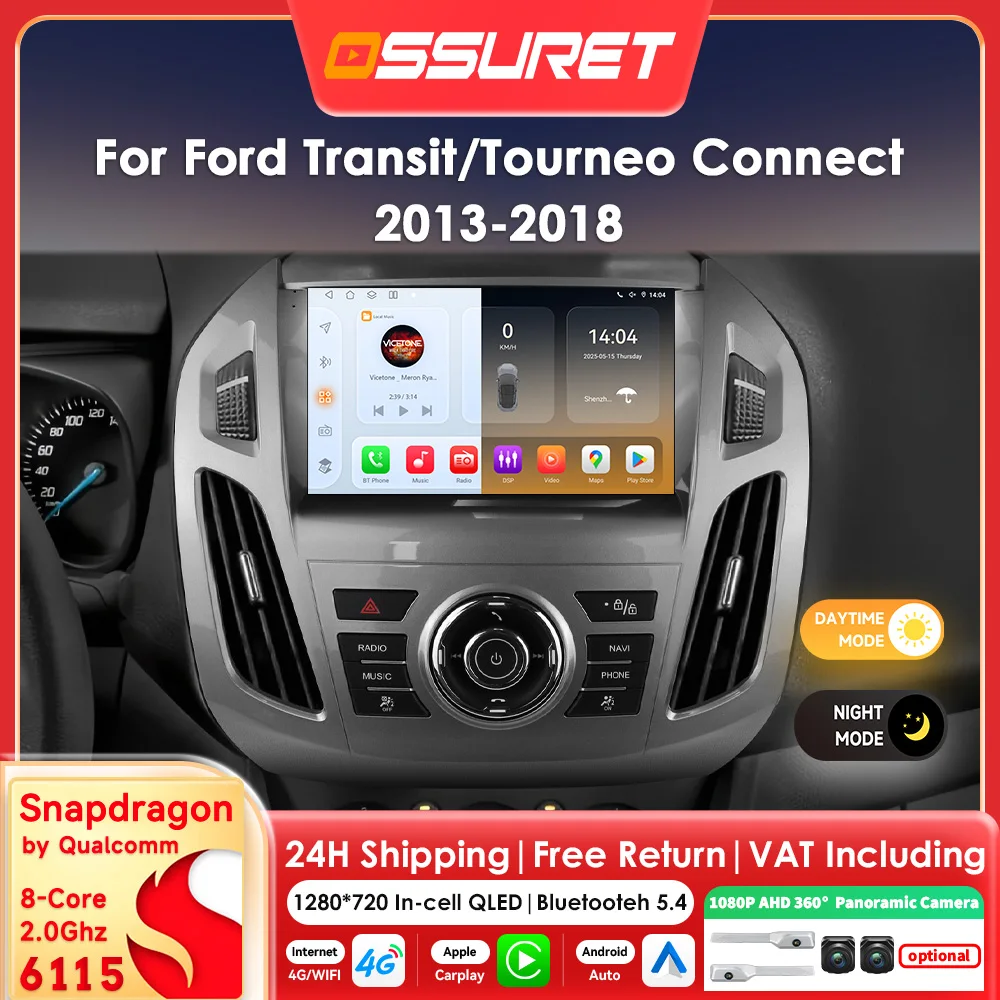 8Core Carplay Android 14 Autoradio für FORD Transit Tourneo Connect 2013 - 2016 2017 2018 Multimedia-Player 360 Kamera 9"Bildschirm