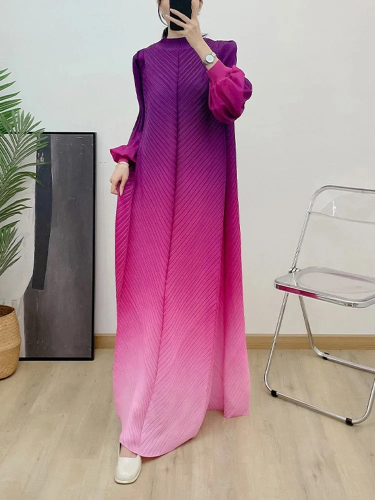 ANLAN Miyake Gradient Pleated Long Dress Fashion Lantern Sleeves Loose Elegant Party Dresses for Women 2024 Spring New 6YA7293