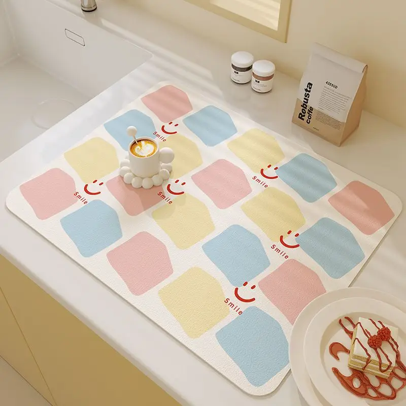 Macaron Color Block Smiling Face Kitchen Drainage Mat Anti Slip Coffee Machine Tableware Kitchen Countertop Protection Mat