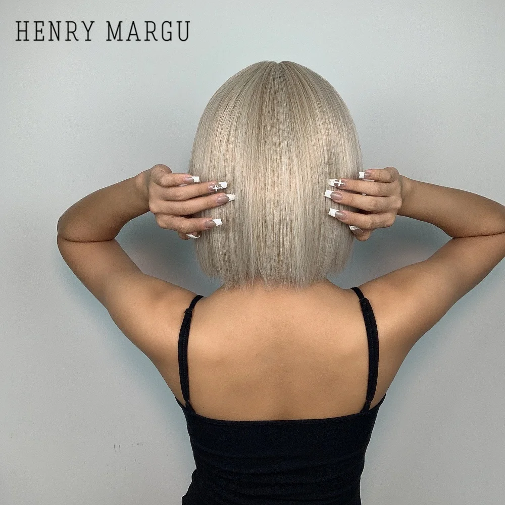 HENRY MARGU Short Straight Bob Platinum Synthetic Wigs with Bangs Light Blonde Natural Wig for Women Daily Party Heat Resistant