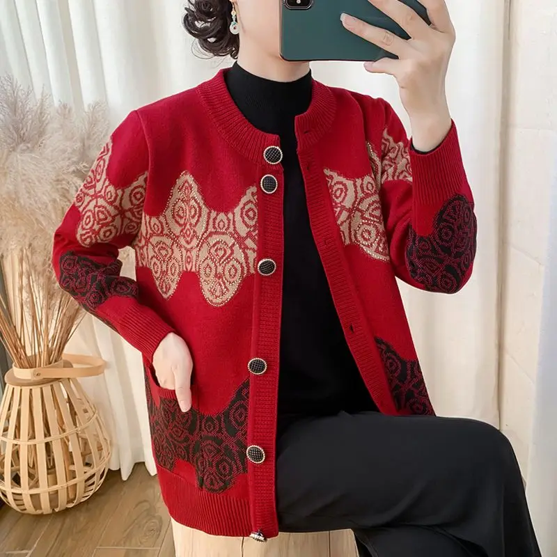 Vintage Printed Button Pockets Diamonds Cardigan Sweaters Women\'s Clothing 2023 Autumn Winter Oversized Knitted All-match Tops