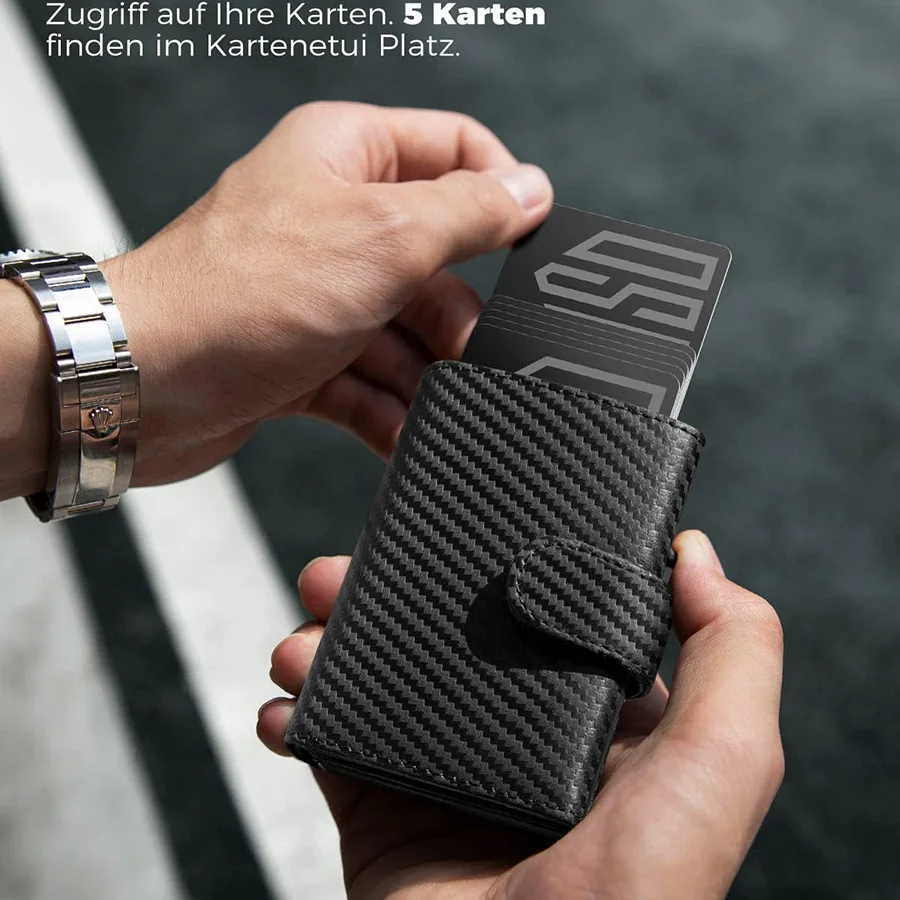 Carteira RFID fina masculina com compartimento para moedas Porta cartão de crédito Carteira pop up para homens