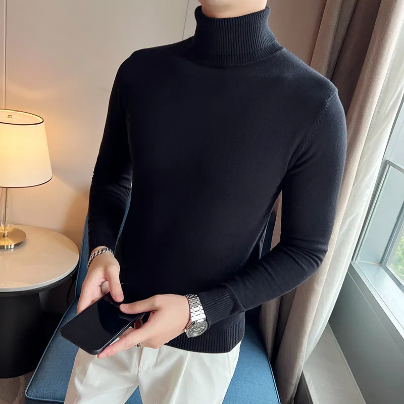 

Мужской утепленный вязаный свитер с высоким воротником, однотонный, универсальный, теплый базовый слой, повседневный, приталенный крой, длинный рукав