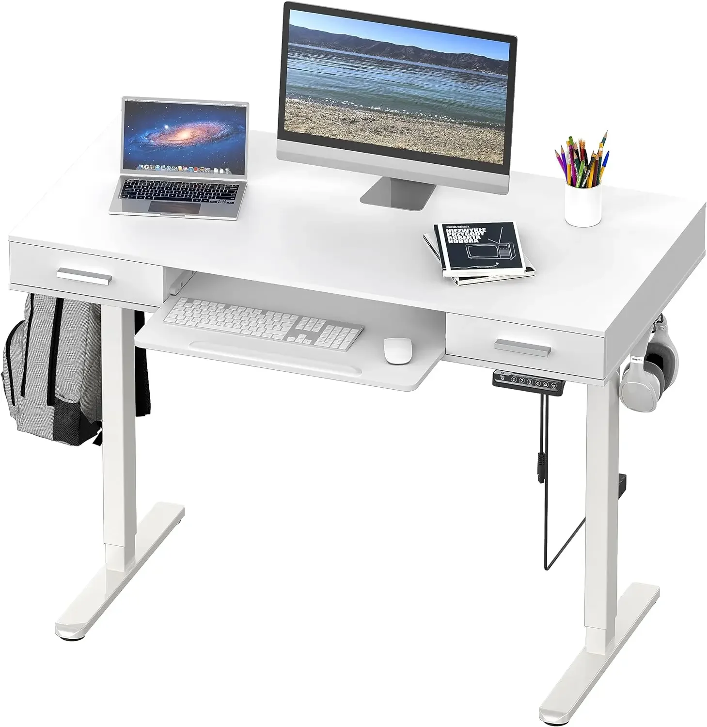 48-Inch Electric Height Adjustable Desk with Keyboard Tray and Two Drawers