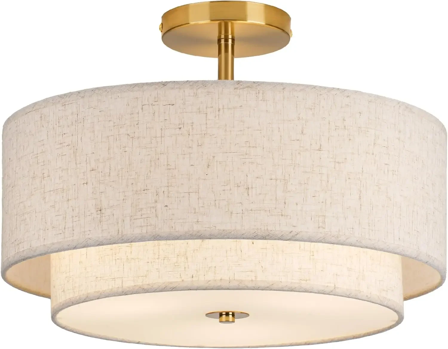 

16" Double Drum Gold 3-Light Semi Flush Mount Ceiling Light, Classic Fabric Linen Shade Design for Living Room, Bedroom