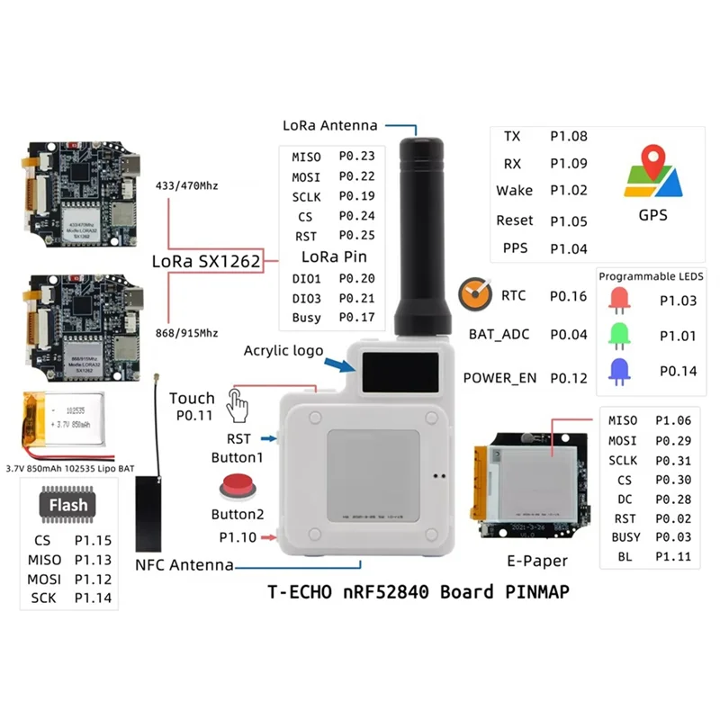 

Exquisite-Softrf T-Echo NRF52840 Lora SX1262 Wireless Module L76K GPS 1.54 E-Paper BME280 Sensor For Arduino,