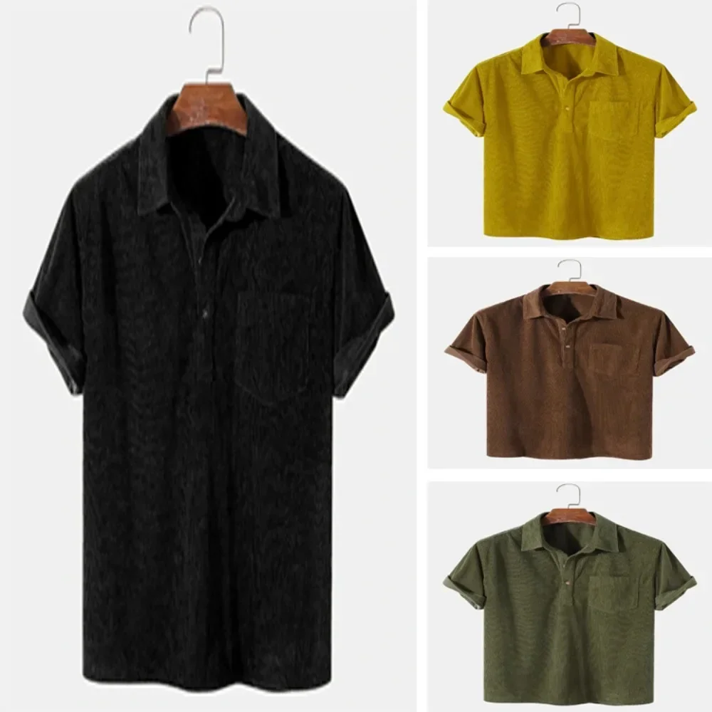 Summer New Mens Shirts Casual Loose Simple Lapel Corduroy Short Sleeve Tshirt