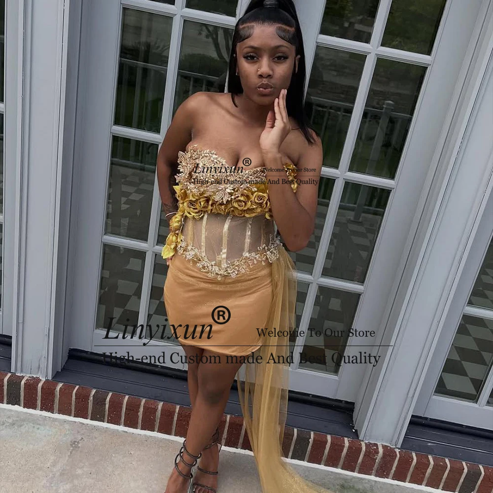 

Elegant 3D Floral Prom Dresses Bodycon Cocktail Dress Mini Evening Homecoming Party Gown Customized Strapless vestidos de festa