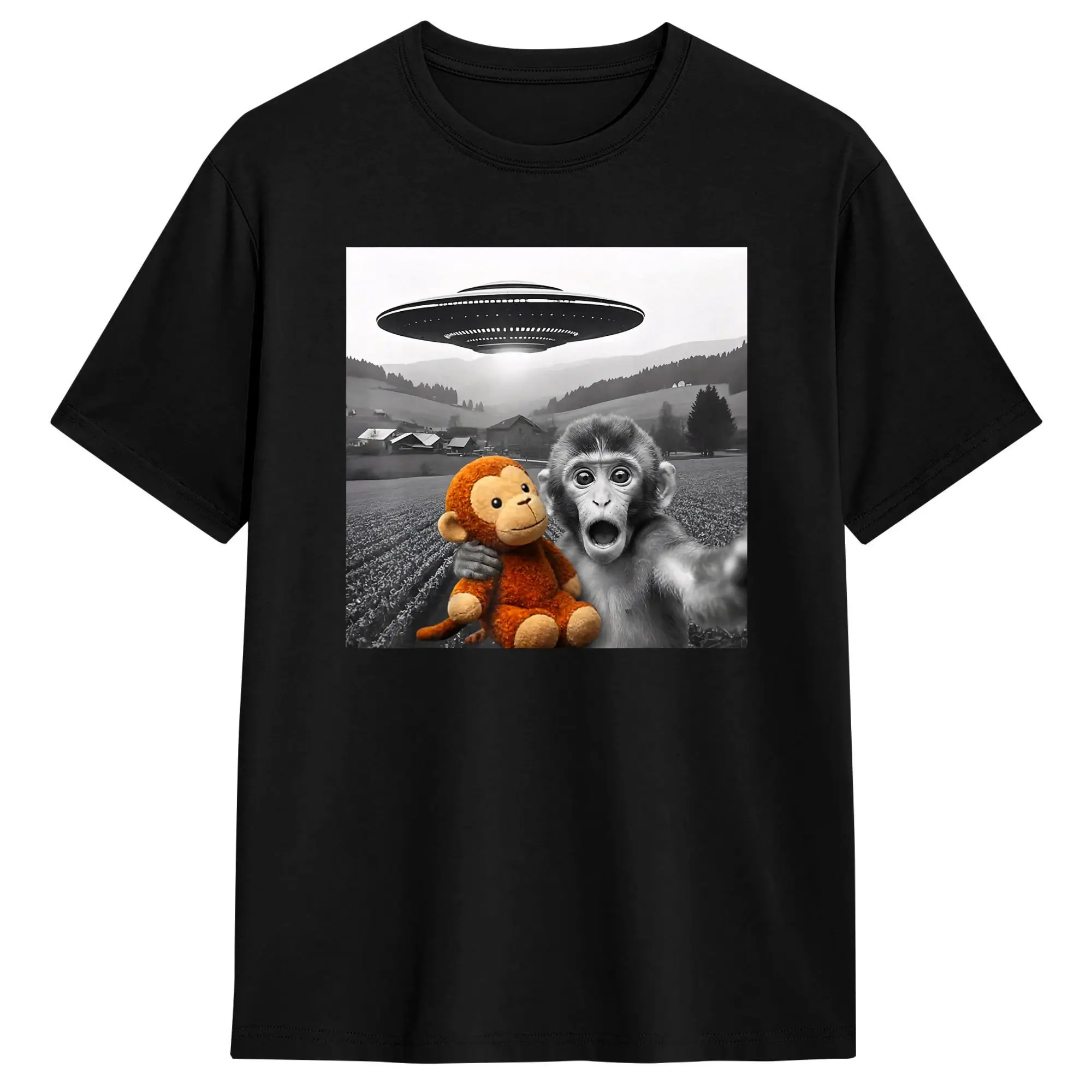 Men Punch Monkey UFO Funny Selfie T Shirt  Cotton Clothes Fashion Short Sleeve Crew Neck Tees Printing T-Shirts