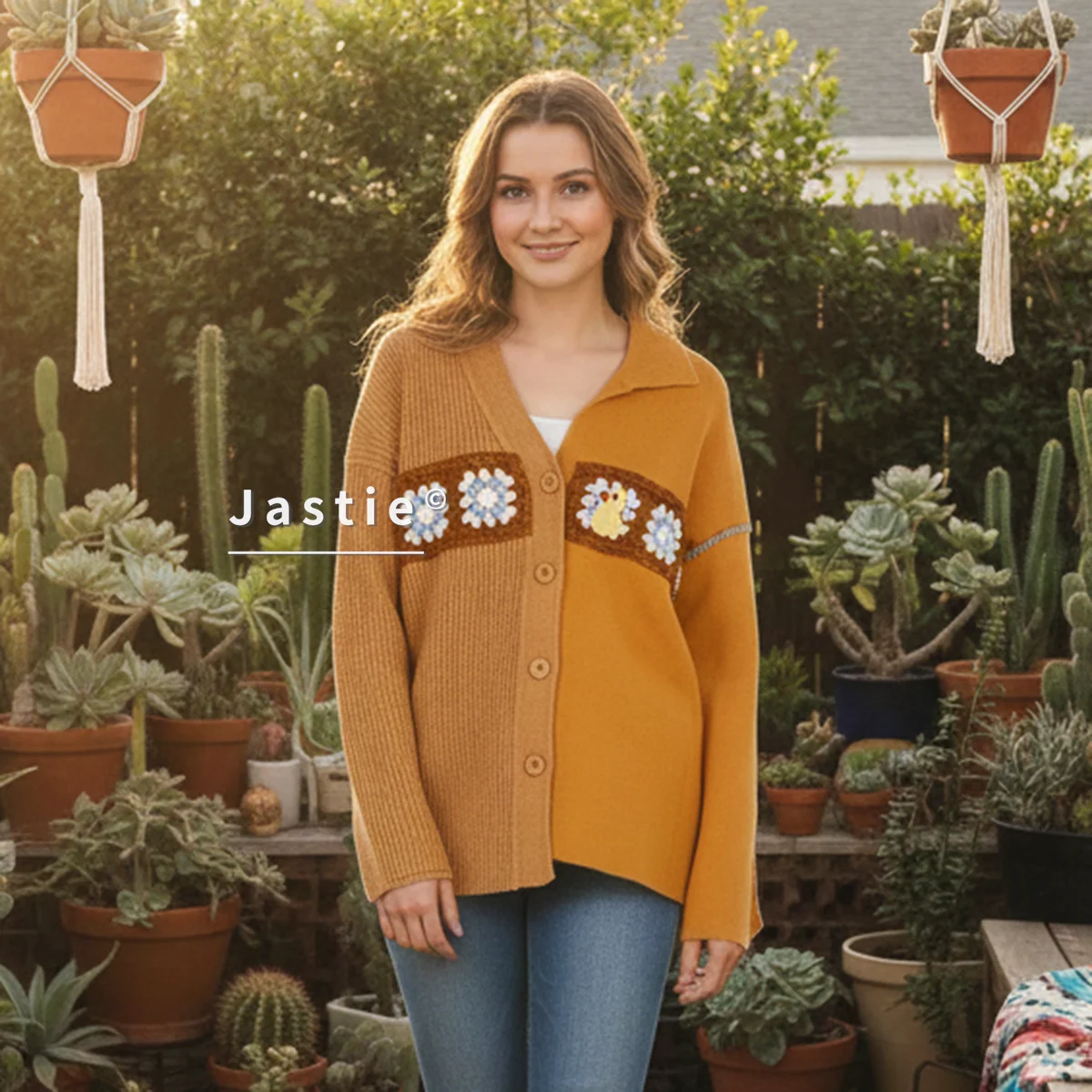 

Вязаный кардиган с милой уткой, двухцветный коричневый дизайн, v-образный вырез, пуговицы, вязаный крючком, цветочный декор, длинный рукав, осенне-зимний женский свитер