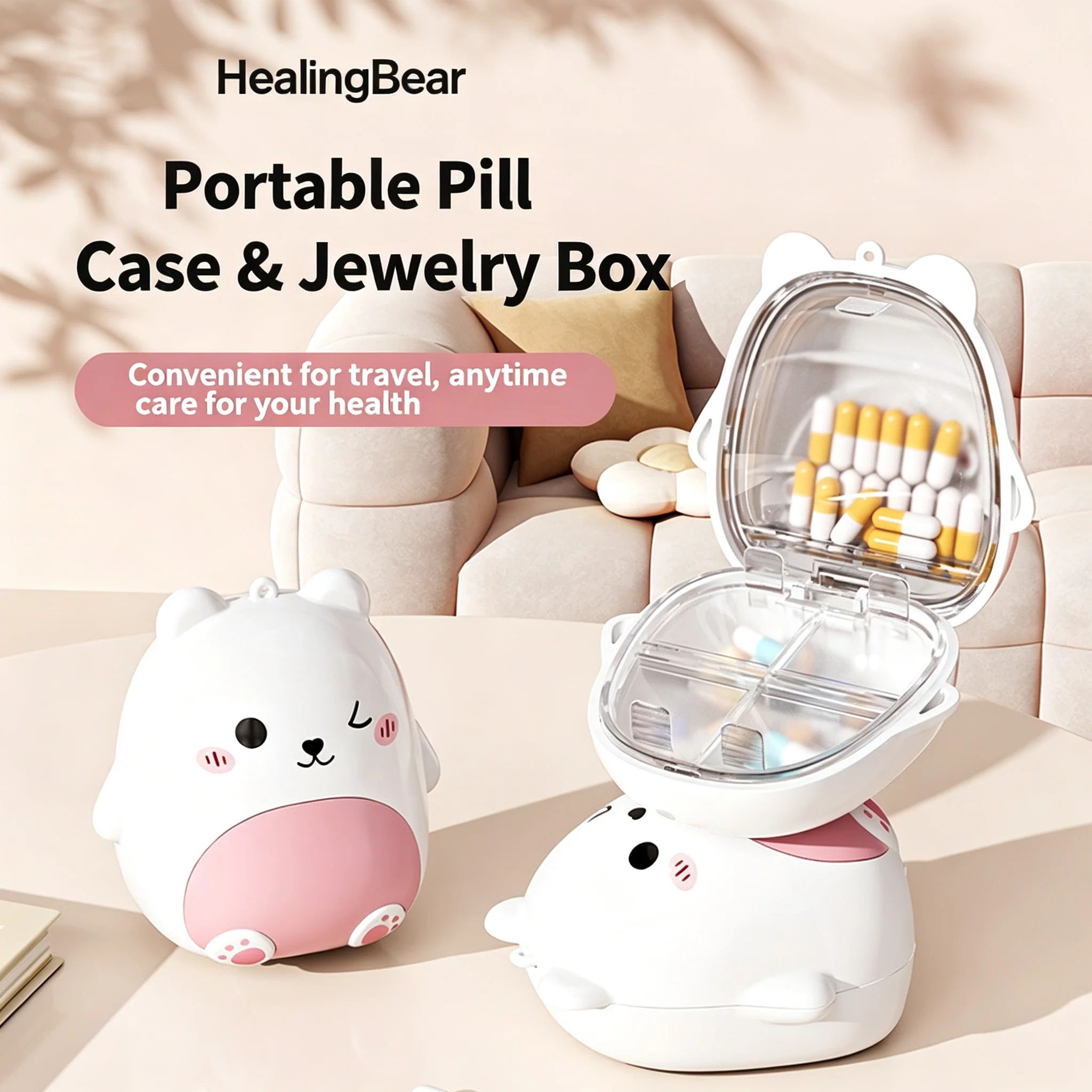 Cute Bear Pill Box Portable Medicine Organizer Mini Storage Case Travel Jewelry Container Kawaii Animal Design Small Accessory