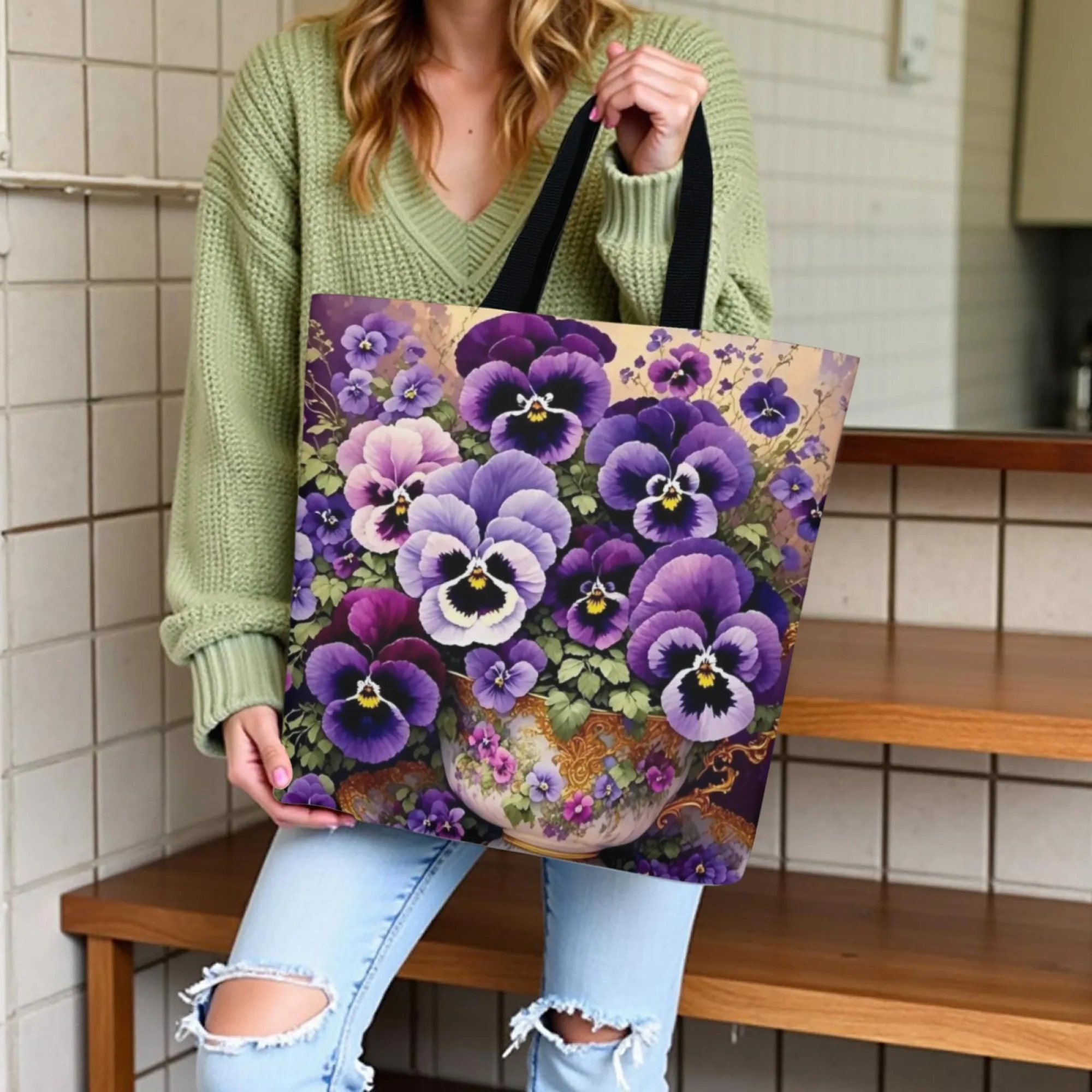 

Vintage Purple Pansy Flower Canvas Women Tote Bag Elegant Floral Pattern Reusable Shoulder Bag Perfect Gift for Floral Lovers