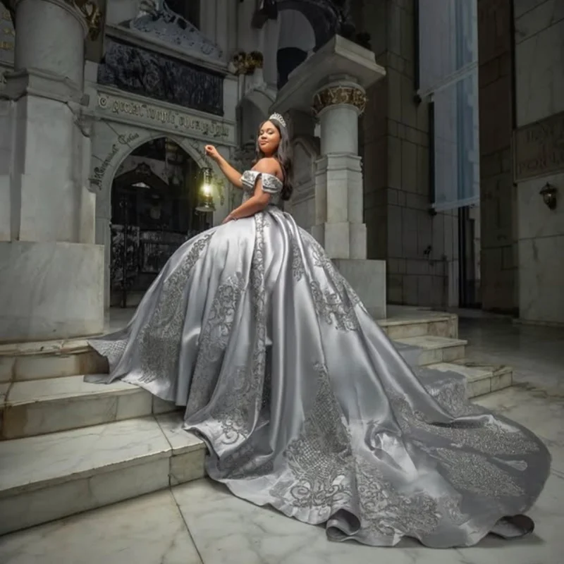 

Customized silver gray Quinceanera Dresses Off the Shoulder glitter decal crystal tail Vestido 15 Quinceanera