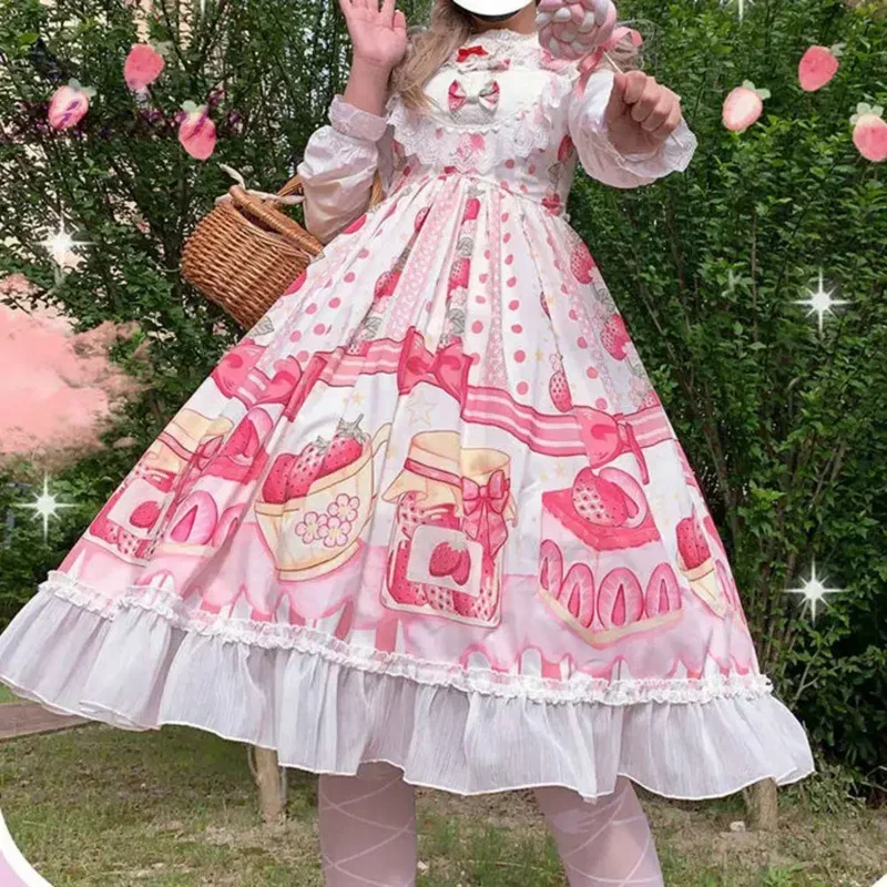 2025 New Summer Japanese Lolita JSK Dress Sweet Lolita Dresses Female Soft Girls Fungus Women Lace High Waist Ruffle Dress AF AA