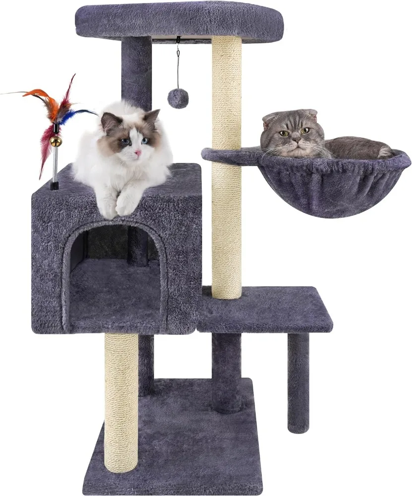 AIWIKIDE Multifunction Cat Tree has Cozy Hammock & Hanging Ball, Cat Tower with Activity Centre Furniture & Jute-Covered