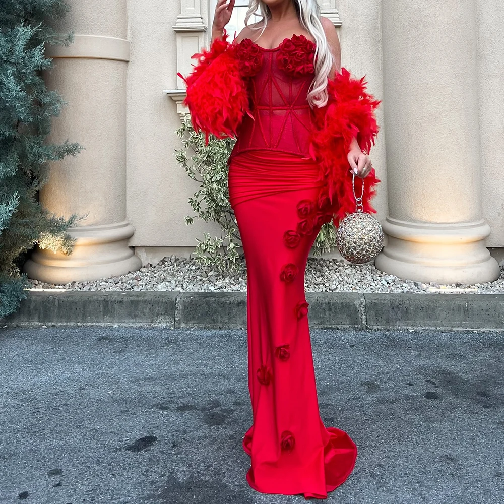 

Customized Mermaid Evening Dresses Floor-length Strapless Sleeveless Prom Gown Fashion Flowers Feathers Pleat Draped Party Gown