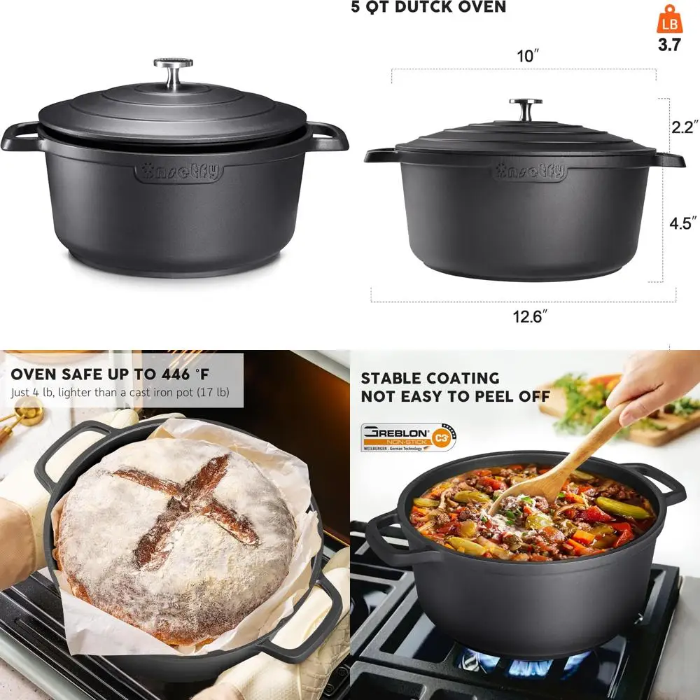 

5-Quart Lightweight Cast Aluminum Dutch Oven with Lid for Baking, Braising, and Roasting