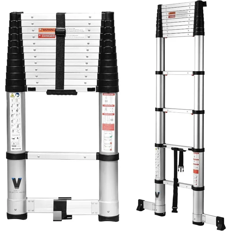 Telescoping Ladder 12.5FT, Extension Step Ladders One Button Retraction, Aluminum Collapsible Ladder Slow Down Design
