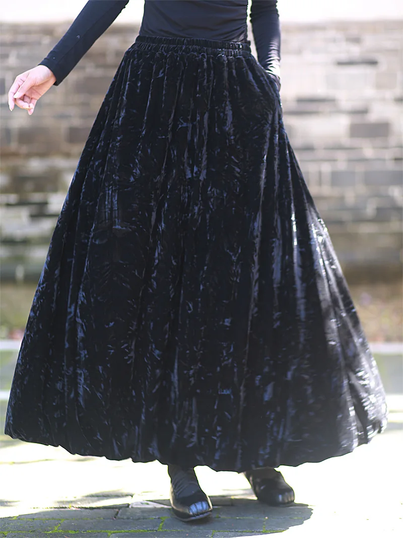 TIYIHAILEY-Damen-Rock aus Velours-Samt, lang, Maxi-A-Linie, elastische Taille, Winter, Schwarz, Grau, Khaki, chinesischer Stil, Batik-Tintenwäsche
