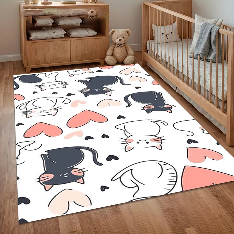 Cute Cat & Heart Kids Room Rugs Non-Slip Carpet Washable Rug for Playroom Soft Floor Mat Home Decor Carpets for Living Room Gift