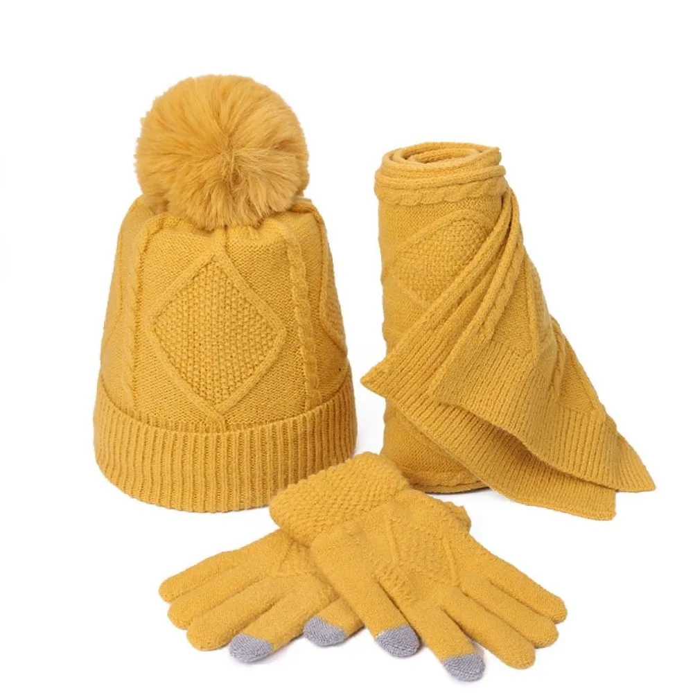 Yarmulke Elastic Scarf and Hat Set Warm Touch Screen Cold Proof Gloves Thickened Ball Pullover Cap Women
