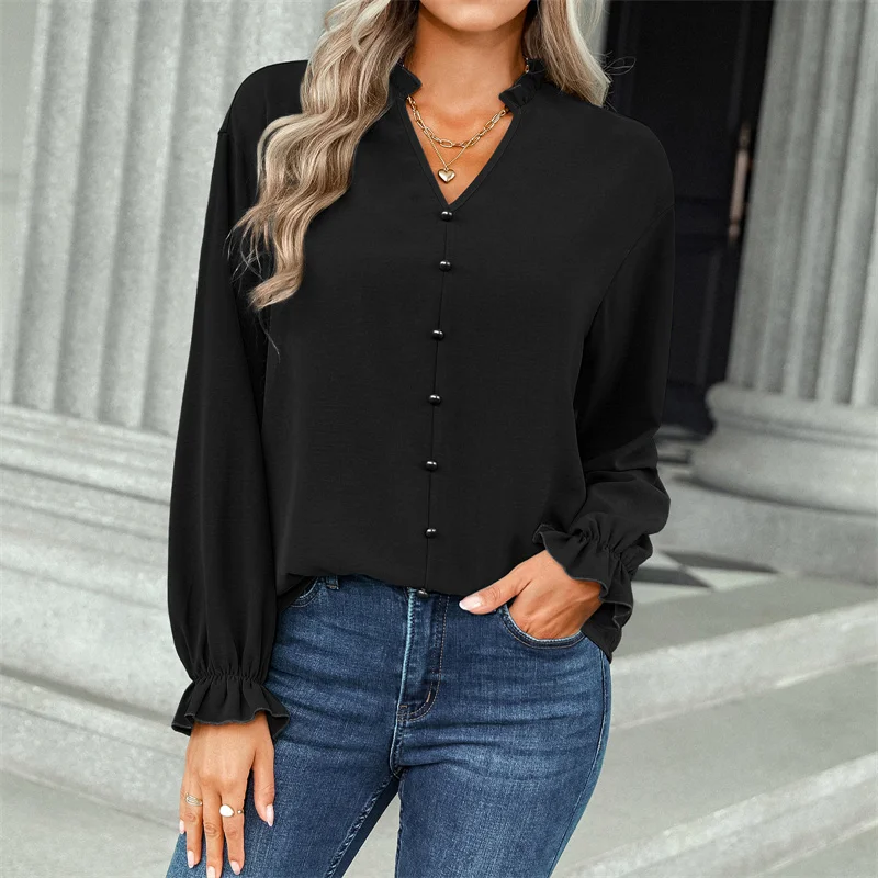 

Elegant Blouses for Women 2022 Autumn Winter Mesh V-Neck Ruffles Shirt Black Butterfly Sleeve Loose Tops Fashion Button Pullover