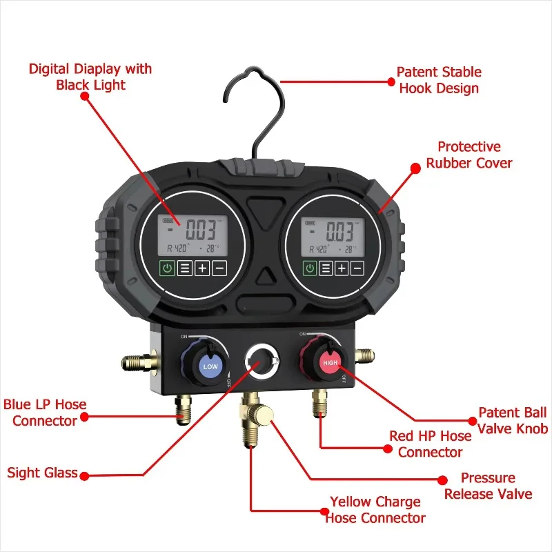 Digital HVAC Manifold Gauge Set for R134A/R410A/R1234YF/R290/R600