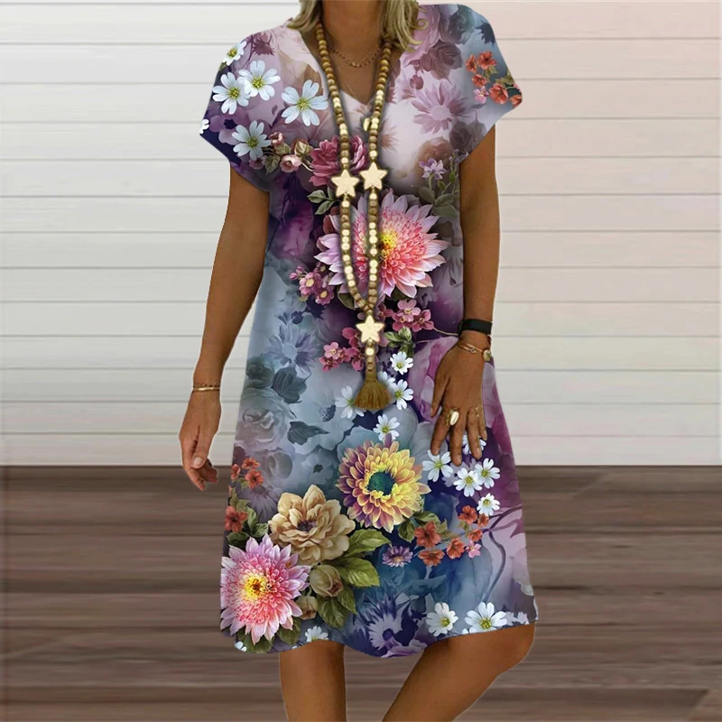 2023 New Women Dresses Summer Fashion Raindrop Flower 3D Print Dress Casual V-Neck Short Sleeve Loose Oversized Clothing Vestido