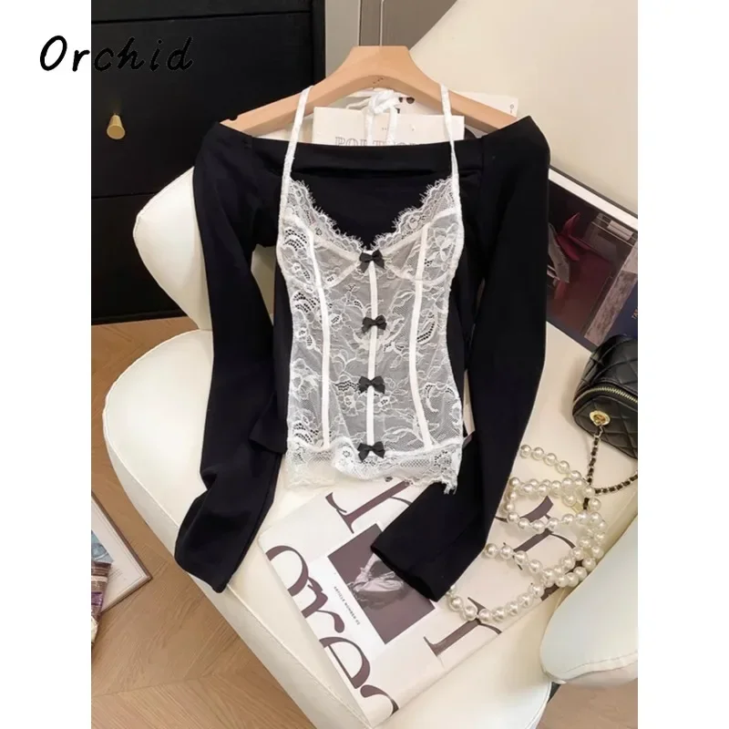 

Fashion Sexy Casual Patchwork Long Sleeve Slash Neck T-Shirts Women's Hotsweet Club Lace Sheath Coquette Bow Tees Hot Girl Top