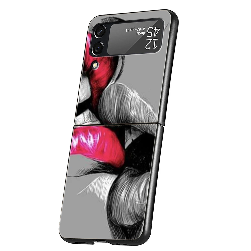 Kiss Lips Hard PC Phone Case For Samsung Galaxy Z Flip 6 5 4 Black Cover For Galaxy Z Flip 3 Foldable Shockproof Cases Funda Bag