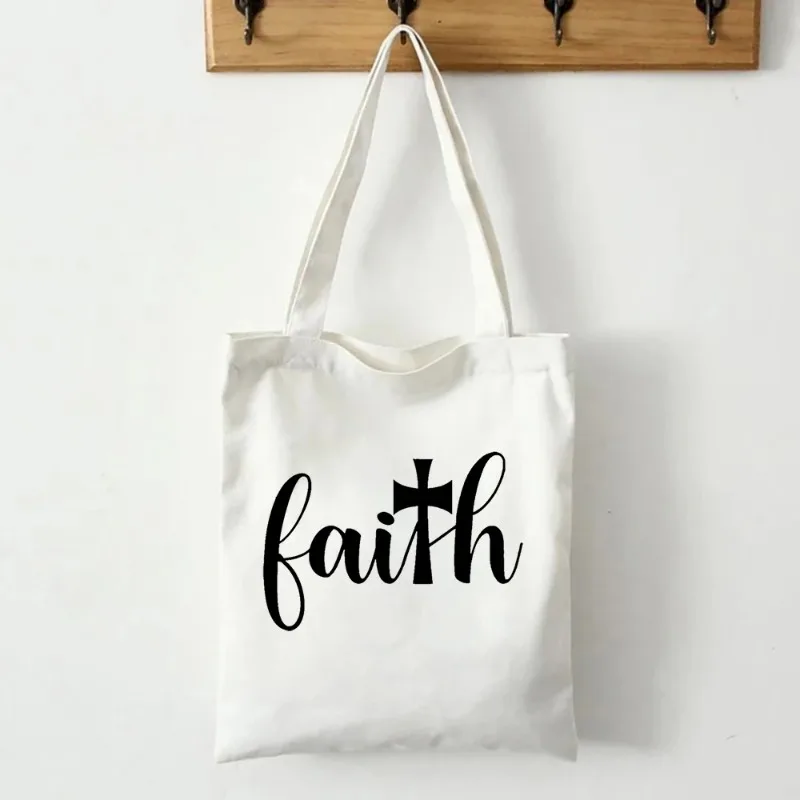 Faith Printed Women Canvas Shoulder Tote Bag Casual Fashion Shopping case Bag borsa di stoccaggio di grande capacità regali cristiani