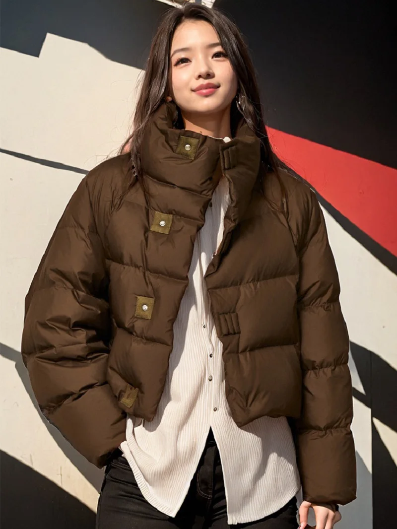 2024 New Winter Women\'s Coffee Color Cotton-Padded Jacket Fashion Casual Short Korean Version Simple Thick Bread Clothing Cotton