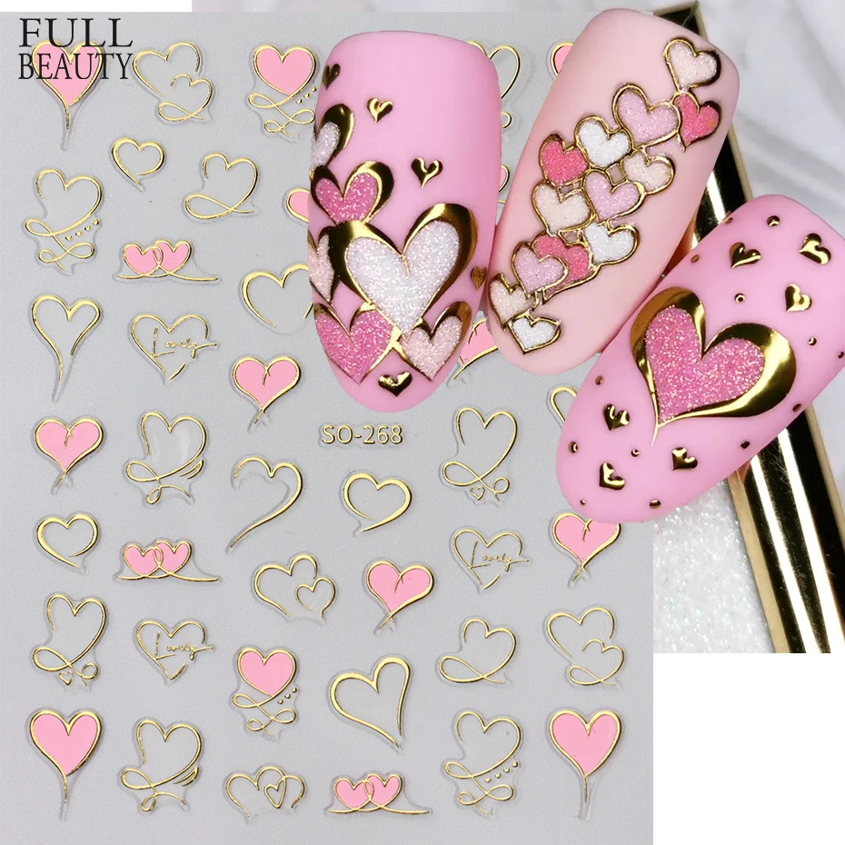 3D Kawaii Red Pink Gold Heart Nail Art Stickers Purple Love Self Adhesive Nail Decorations Slider Decals Valentine DIY Manicure