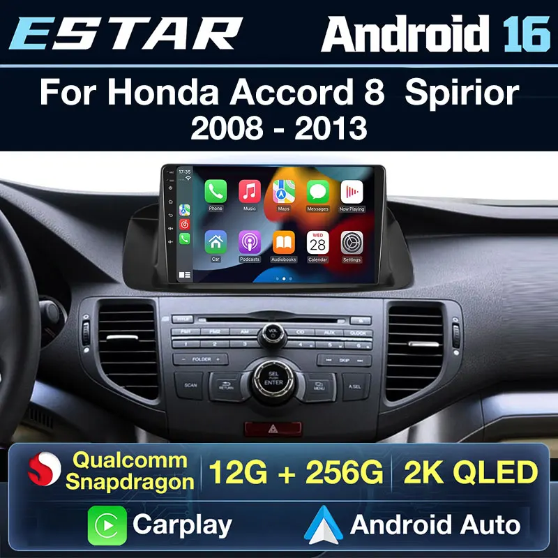 Radio para Auto Android 16 para Honda Accord 8 / Spirior 2008 - 2013, Carplay Inalámbrico, Auto DTS Estéreo, Cámara 360, Pantalla 2K, Octa Core, BT
